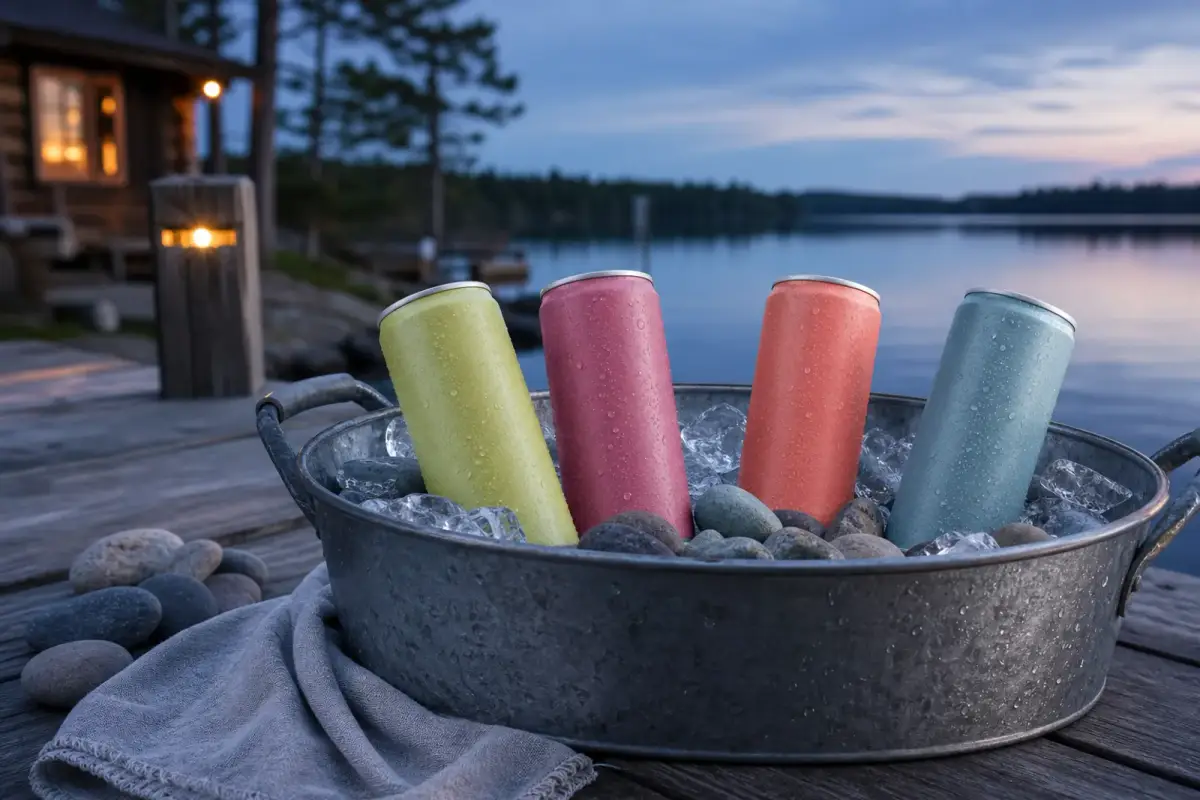 Fictional adult sparkling beverages at a Minnesota lake